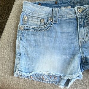 Miss Me Blue Jean Shorts with Frayed Hem and Distressed Look